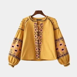 Anthropologie RD & Koko Embroidered Mustard Top